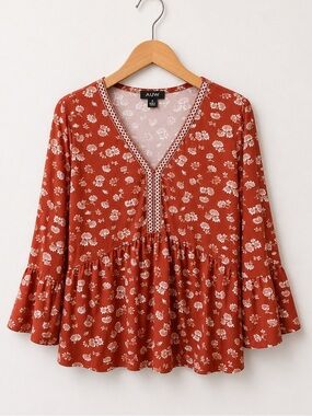 AUW Rust Floral V-Neck Babydoll 3/4 Sleeve Peplum Tunic with Cream Floral Print